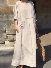 Damen einfarbig Rundhals-Baumwoll leinen lange Ärmel lässig gefaltete Doppel-Seiten-Taschen kleider